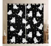 Homemissing Cortinas de Halloween para dormitorio, sala de estar, cortinas opacas de fantasma, cortinas de oscurecimiento de habitación de gatos kawaii, tratamientos de ventana de feliz Halloween, 2