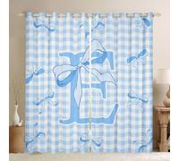 Homemissing Cortinas opacas con lazo azul a cuadros con letra E para oscurecer dormitorio, sala de estar, decoración de princesa, lazo térmico, cortinas de ventana, 2 paneles de 46 x 72 pulgadas de