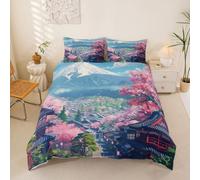 Homemissing Fuji Mountain - Juego de funda de edredón de 2 piezas, tamaño cuna, flor de cerezo primaveral, para niños y niñas, diseño tradicional japonés de la ciudad del templo