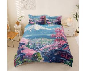 Homemissing Fuji Mountain - Juego de funda de edredón de 2 piezas, tamaño cuna, flor de cerezo primaveral, para niños y niñas, diseño tradicional japonés de la ciudad del templo