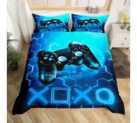 Homemissing Gaming Funda nórdica para niños Gamers Azul Juego de video Juego de cama 220x240cm Consola de juegos Honeycomb Decoración de habitación Hexágono Geométrico con 2 Fundas de almohada