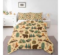 Homemissing Happy Camping - Juego de edredón para niños, tamaño doble, diseño de oso de árbol de dibujos animados, animales salvajes, edredón de plumón para niños y niñas, decoración de bosque