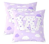 Homemissing Juego de 2 fundas de cojín con estampado de estrella y luna, diseño de arco iris morado con letra W, decoración de corazón, para interiores y exteriores, 50 x 50 cm