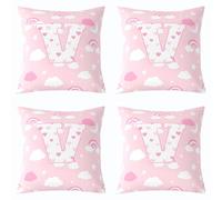 Homemissing Juego de 4 fundas de cojín con diseño de arco iris rosa con estampado de luna y estrella, letra V, decoración de corazón, para interiores y exteriores, 40 x 40 cm
