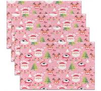 Homemissing Juego de 4 manteles individuales con diseño de Papá Noel, diseño de Papá Noel, diseño de alce de Navidad, color rosa, para cocina, mesa de comedor, fiesta, decoración interior y exterior