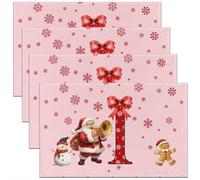 Homemissing Juego de 4 manteles individuales de Navidad, color rosa, con lazo de Navidad, muñeco de nieve, copo de nieve, hombre de jengibre, Papá Noel, con inicial inicial I para cocina, mesa de