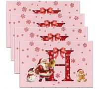 Homemissing Juego de 4 manteles individuales de Navidad, color rosa, con lazo de Navidad, muñeco de nieve, copo de nieve, hombre de jengibre, Papá Noel, con inicial H personalizada para cocina, mesa