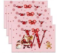 Homemissing Juego de 4 manteles individuales de Navidad, color rosa, con lazo de Navidad, muñeco de nieve, copo de nieve, hombre de jengibre, Papá Noel, con inicial inicial W para cocina, mesa de