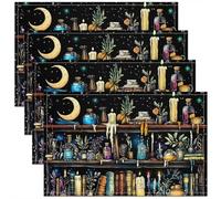 Homemissing Juego de 4 manteles individuales mágicos de brujería para fiestas, cocina, comedor, decoración vintage, biblioteca, estantería, mantel individual para mesa, decoración de vacaciones