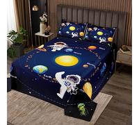 Homemissing Juego de colcha de sistema solar para niños, adolescentes, adultos, universo, planetas, lindo astronauta, azul, amarillo, decoración de habitación, 3 piezas con 2 fundas de almohada,
