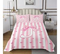 Homemissing Juego de colcha rosa a rayas con lazo rosa tamaño King, juego de colcha acolchada con monograma para todas las estaciones con 2 fundas de almohada personalizada inicial J microfibra ligera