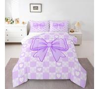 Homemissing Juego de edredón con lazo para todas las estaciones, bonito juego de ropa de cama con 1 funda de almohada, estampado de calor y amor, microfibra para niños, tamaño individual, a cuadros