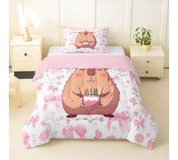 Homemissing Juego de edredón con lazo rosa, tamaño doble, juego de ropa de cama para niños y niñas, bonito edredón de plumón capibara, decoración de dormitorio, microfibra, 3 piezas con 2 fundas de