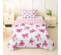 Homemissing Juego de edredón con lazo rosa, tamaño doble, juego de ropa de cama para niños y niñas, estilo princesa de ensueño, edredón de plumón con lazo de acuarela, lazo para decoración de