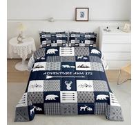 Homemissing Juego de edredón de animales del bosque, juego de ropa de cama rústica de tamaño doble para niños y niñas, oso marrón, ciervo, colcha de retazos, granja, temática al aire libre, microfibra