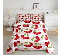 Homemissing Juego de edredón de cerezas rojas, tamaño doble, para niños y adolescentes, juego de ropa de cama de cerezas kawaii, edredón de plumón con 2 fundas de almohada, ropa de cama a rayas rosas
