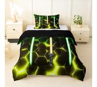 Homemissing Juego de edredón de panal de abeja tamaño doble, juego de ropa de cama geométrico de luz neón para niños y niñas, edredón de plumón degradado, amarillo, verde, negro, decoración de