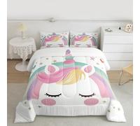 Homemissing Juego de edredón de unicornio arcoíris, tamaño King para niños y niñas, bonito juego de edredón de unicornio con estampado de estrellas de ensueño con 1 funda de almohada, juego de ropa de
