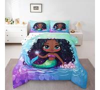 Homemissing Juego de edredón negro para niñas y niños, tamaño doble, juego de ropa de cama afroamericana, edredón de plumón de sirena para niños y niñas, decoración de dormitorio, microfibra