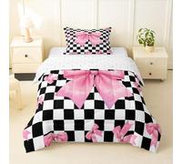 Homemissing Juego de edredón para niñas con lazo rosa para niños, tamaño doble, juego de ropa de cama con lazo kawaii geométrico para niños y niñas, decoración de cuadrícula en blanco y negro