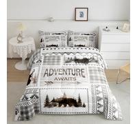 Homemissing Juego de edredón retro de cabaña, tamaño doble, rústico, oso, ciervo, cabaña, juego de ropa de cama para niños y niñas, diseño a cuadros de madera, colcha de caza, vida silvestre, granja