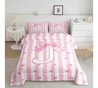 Homemissing Juego de edredón rosa a rayas con lazo, tamaño individual, juego de ropa de cama con letras de lazo rosa, regalos para mujeres, adolescentes y niñas, edredón con monograma, inicial J