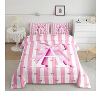 Homemissing Juego de edredón rosa a rayas con lazo, tamaño individual, juego de ropa de cama con letras de lazo rosa, regalos para mujeres, adolescentes y niñas, edredón con monograma, inicial A