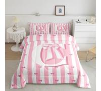 Homemissing Juego de edredón rosa a rayas con lazo, tamaño King, juego de ropa de cama con lazo rosa, regalos para mujeres, adolescentes y niñas, edredón con monograma, inicial C, coqueta con lazo, 3