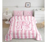 Homemissing Juego de edredón rosa a rayas con lazo, tamaño King, juego de ropa de cama con lazo rosa, regalos para mujeres, adolescentes y niñas, edredón con monograma, inicial R, coqueta, lazo, 3