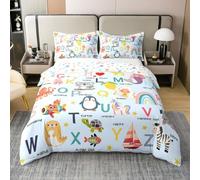 Homemissing Juego de funda de edredón con diseño de ABC para niños y niñas, tamaño Super King, 26 letras, dibujos animados, animales, alfabeto inglés, funda de edredón educativa, 100% algodón, suave