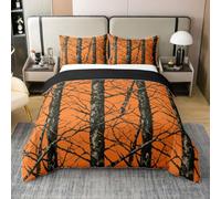 Homemissing Juego de funda de edredón con estampado de hojas de árbol de camuflaje natural, 100 % algodón, tamaño doble, para niños y niñas, diseño de camuflaje naranja, cabaña de cazadores o cabaña