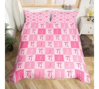 Homemissing Juego de funda de edredón con lazo rosa, tamaño King, letra J inicial para niños y niñas, funda de edredón a cuadros kawaii con monograma, decoración de dormitorio, 3 piezas, cuadrícula
