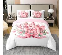 Homemissing Juego de funda de edredón de castillo de cuento de hadas, 100 % algodón, tamaño King, para niños y niñas, con lazo rosa, funda de edredón de follaje verde suave, 3 piezas, estilo acuarela