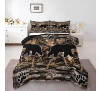 Homemissing Juego de ropa de cama de camuflaje suave para niños y niñas, juego de edredón de camuflaje de ramas de árbol de oso, tamaño doble, edredón de plumón de animales salvajes, cabaña
