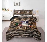 Homemissing Juego de ropa de cama de camuflaje suave para niños y niñas, juego de edredón de pato Mallard, tamaño doble, diseño de ramas de árbol, camuflaje, caza, animales salvajes, decoración de