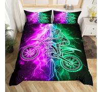 Homemissing Juego de ropa de cama para niños y niñas, tamaño Super King, funda de edredón de carreras de motocross, funda de edredón de rayo morado y verde, ropa de cama de deportes extremos