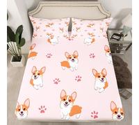 Homemissing Juego de sábanas bajeras para niños y niñas, diseño de corgi, tamaño individual, con diseño de pata de perro, adorable amapola, animal kawaii, bolsillo profundo, decoración de dormitorio