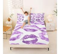 Homemissing Kiss - Juego de sábanas bajeras tamaño King para niños, color morado y blanco, bolsillo profundo de 40.6 cm, suave, transpirable, con 2 fundas de almohada, estampado de lápiz labial