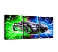 Homemissing Lienzo decorativo de 3 piezas de coche de carreras de relámpagos, 40 x 30 cm, para sala de estar, dormitorio, decoración de pared de deportes extremos, color azul y verde