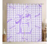 Homemissing Lindas cortinas opacas con lazo morado para dormitorio, sala de estar, letra E a cuadros, cortinas opacas con lazo de princesa, 2 paneles de 52 pulgadas de ancho x 90 pulgadas de largo