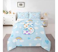 Homemissing Lindo juego de edredón con estampado de arco iris azul, tamaño individual, con estampado de estrella y luna, para niños y niñas, edredón personalizado con letra S, colorido corazón