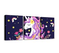 Homemissing Magical Unicorn - Lienzo decorativo para pared de 3 piezas, 40 x 30 cm, para sala de estar, dormitorio, decoración de pared, diseño de unicornio arcoíris, flores y estrellas