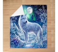Homemissing Manta de forro polar con estampado de lobo ártico mágico, luces del norte y luna, doble, 60 x 79 pulgadas, manta de forro polar azul para invierno, vida silvestre, para niños, mujeres y