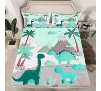 Homemissing Sábana bajera ajustable con 1 funda de almohada, tamaño individual, con bolsillo profundo de 40,6 cm, para niños y niñas, ropa de cama de animales salvajes, plantas de dinosaurio de la