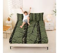 Homemissing Sábana bajera ajustable con estampado de hojas de árbol de camuflaje natural, con 2 fundas de almohada, tamaño doble, color verde militar, con bolsillo profundo de 16 pulgadas, para