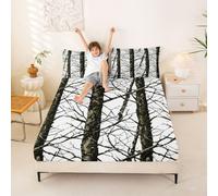 Homemissing Sábana bajera ajustable con estampado de hojas de árbol de camuflaje, tamaño doble, con bolsillo profundo de 40,64 cm de profundidad, cabaña de cazadores o cabaña rústica con 2 fundas de