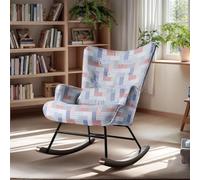 HomeMiYN Mecedora Escandinava con Estructura de Metal y Base de Madera, Sillón Acolchado para Salón, Estilo Retro, Silla de Relax para Salón, Dormitorio o Habitación Infantil Cuadrículas