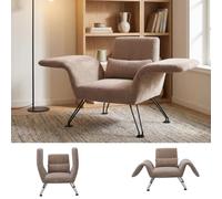 HomeMiYN Sillón de salón moderno, gris, tejido a rayas, patas de metal, cómodo sillón de relax con cojín, adecuado para salón, dormitorio y balcón, marrón claro