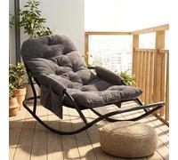 HomeMiYN Sillón Mecedor Exterior, Silla Mecedora Papasan con Cojín y Estructura de Metal, Soporte para Pies, para Dormitorio, Salón, Terraza, Jardín, Balcón, Capacidad de Carga 120 kg, Tela a Rayas
