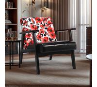 HomeMiYN Sillón Retro de Madera Maciza para Salón - Tapizado con Reposabrazos, Marco Medieval - Diseño de Piel Sintética y Roble para Dormitorio, Café, Balcón(Rojo y Negro)